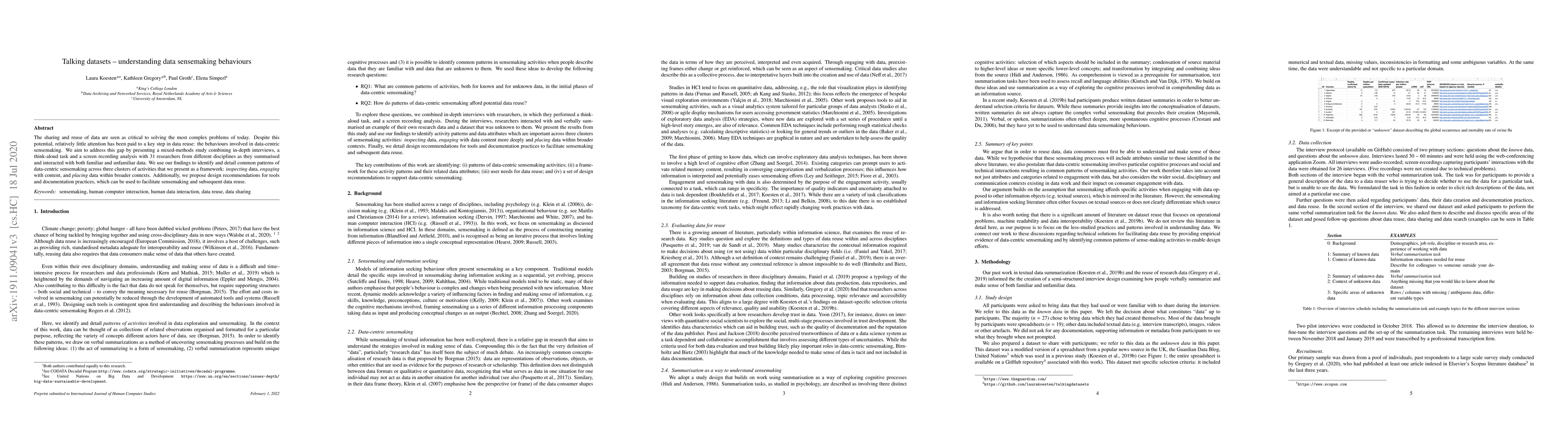 Thumbnail for Talking datasets: Understanding data sensemaking behaviours