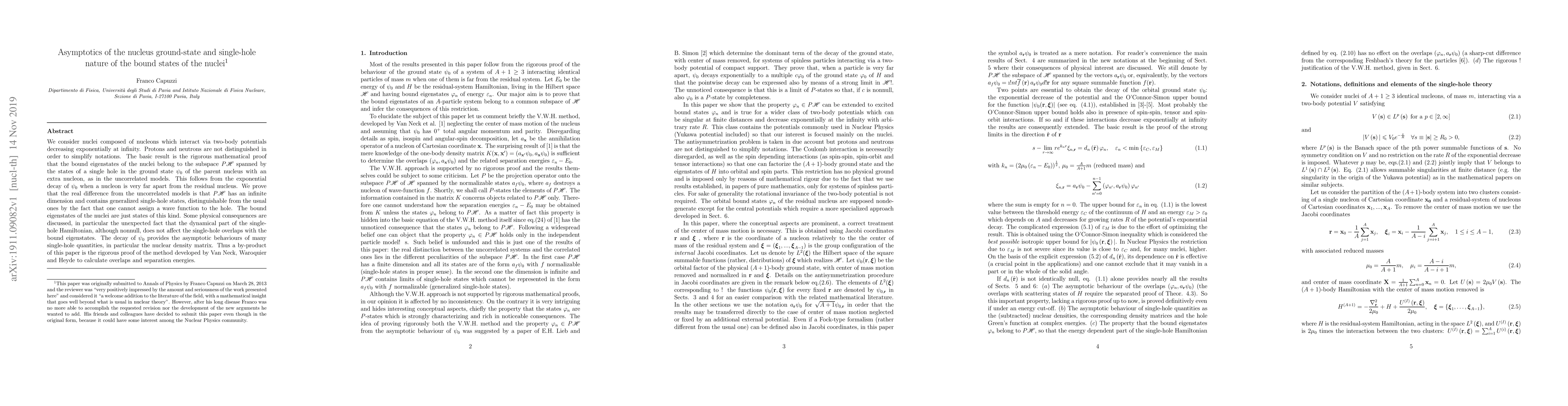Thumbnail for Asymptotics of the nucleus ground-state and single-hole nature of the
  bound states of the nuclei