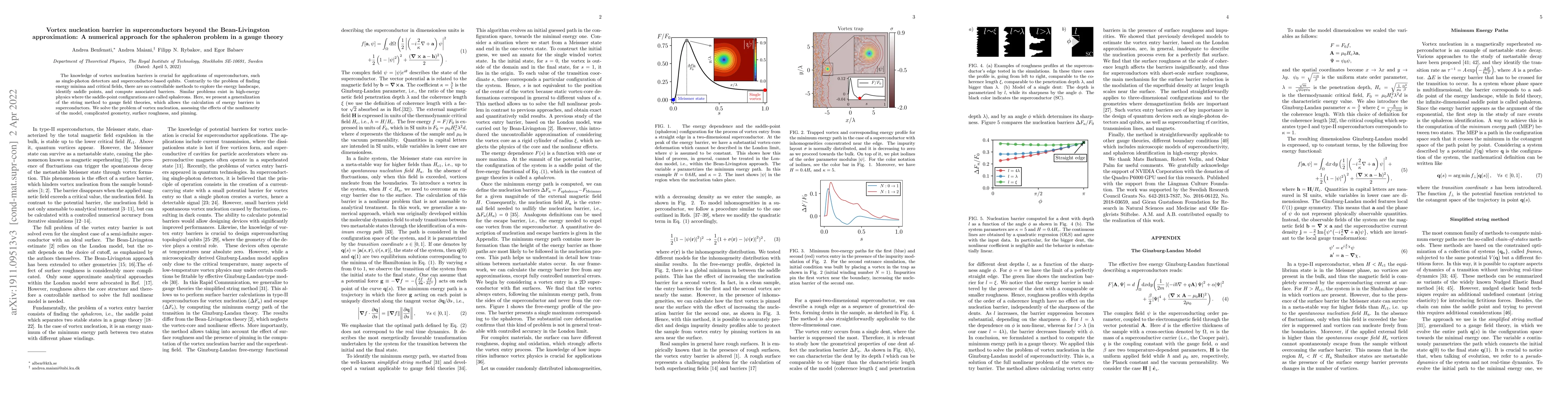 Thumbnail for Vortex nucleation barrier in superconductors beyond the Bean-Livingston
  approximation: A numerical approach for the sphaleron problem in a gauge
  theory