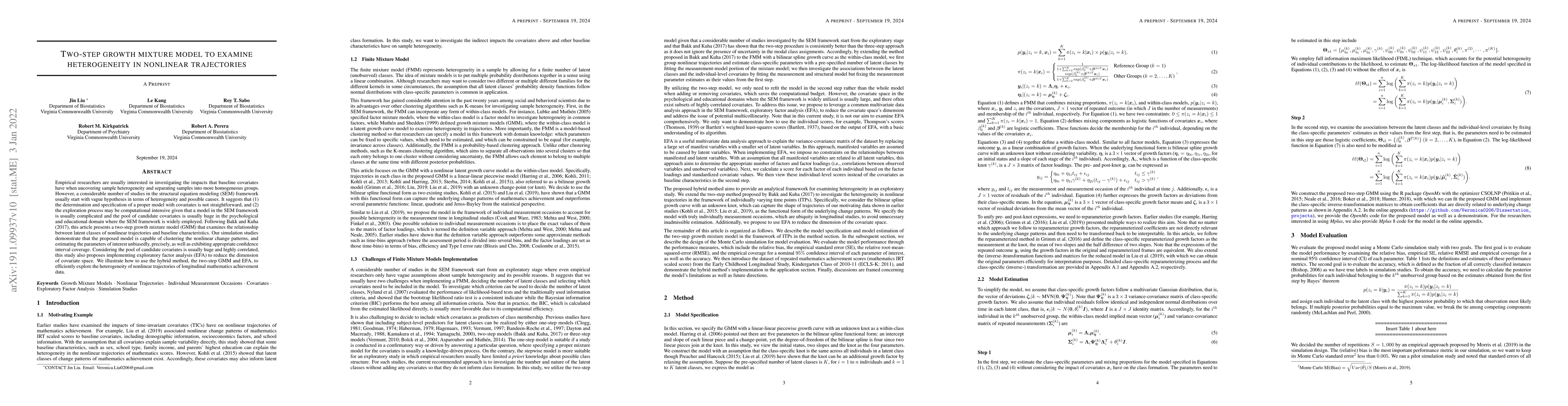 Thumbnail for Two-step growth mixture model to examine heterogeneity in nonlinear
  trajectories