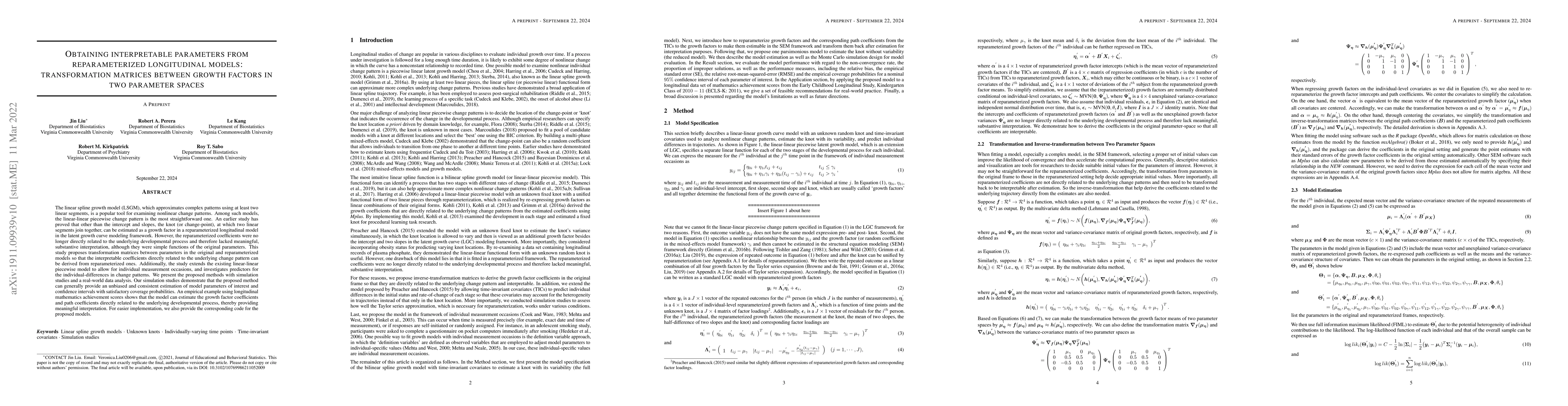 Thumbnail for Obtaining interpretable parameters from reparameterizing longitudinal
  models: transformation matrices between growth factors in two parameter
  spaces