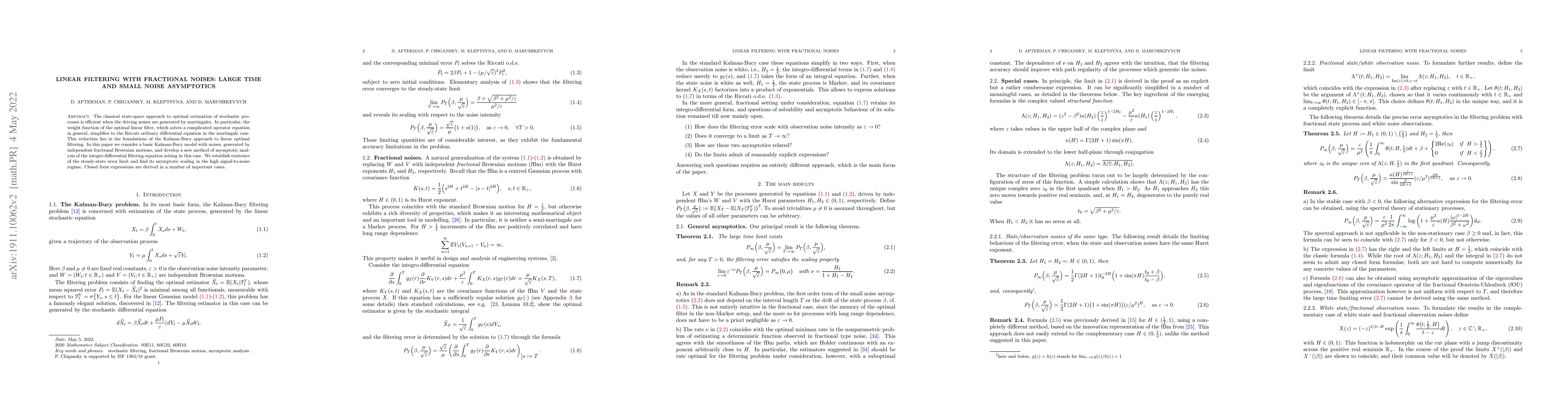Thumbnail for Linear filtering with fractional noises: large time and small noise
  asymptotics