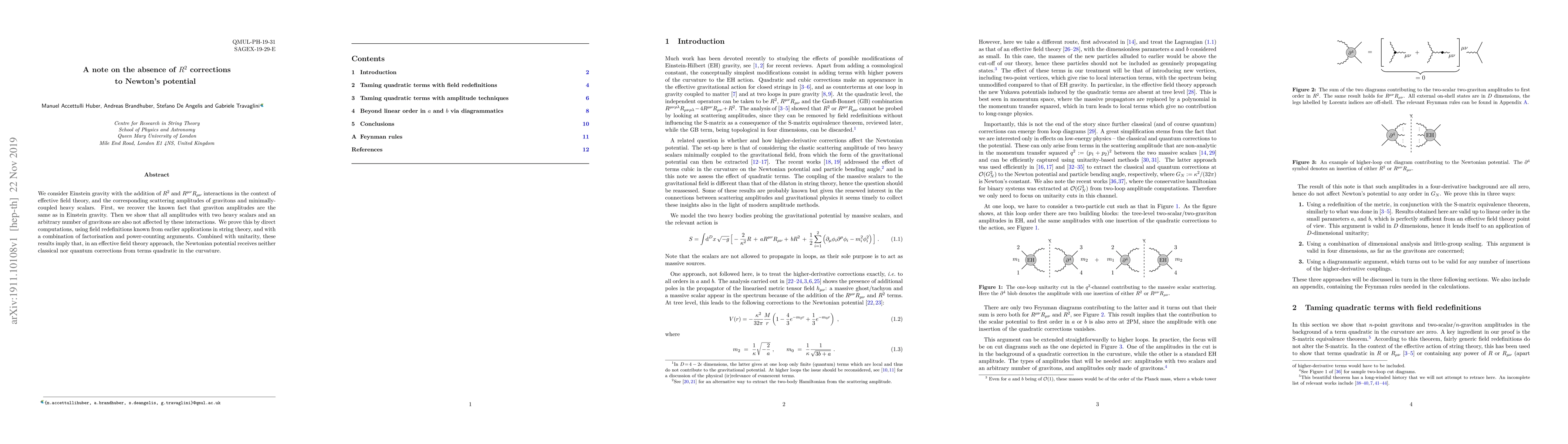 Thumbnail for A note on the absence of $R^2$ corrections to Newton's potential