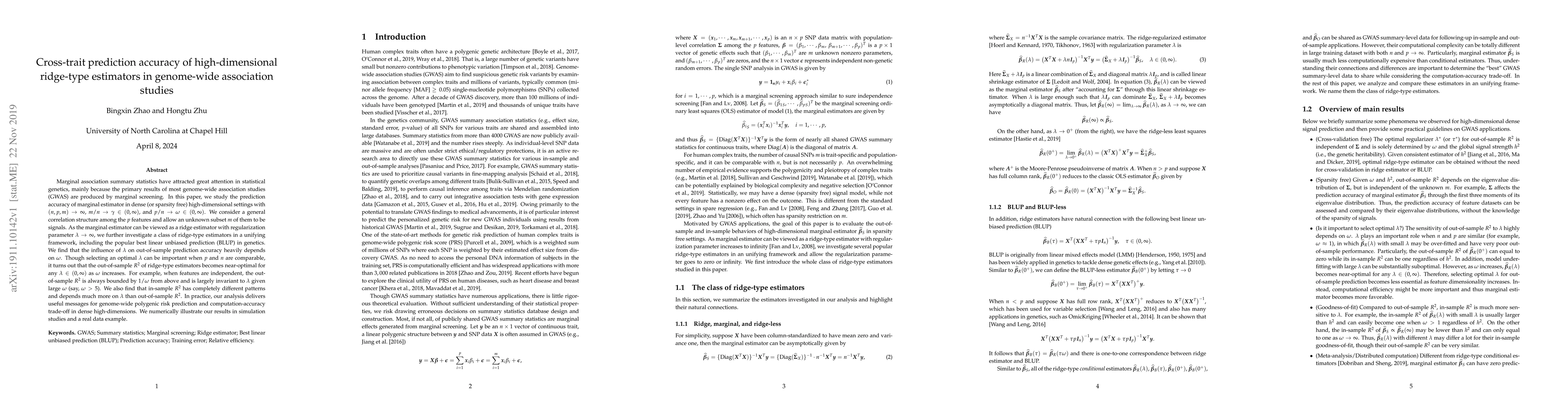 Thumbnail for Cross-trait prediction accuracy of high-dimensional ridge-type
  estimators in genome-wide association studies