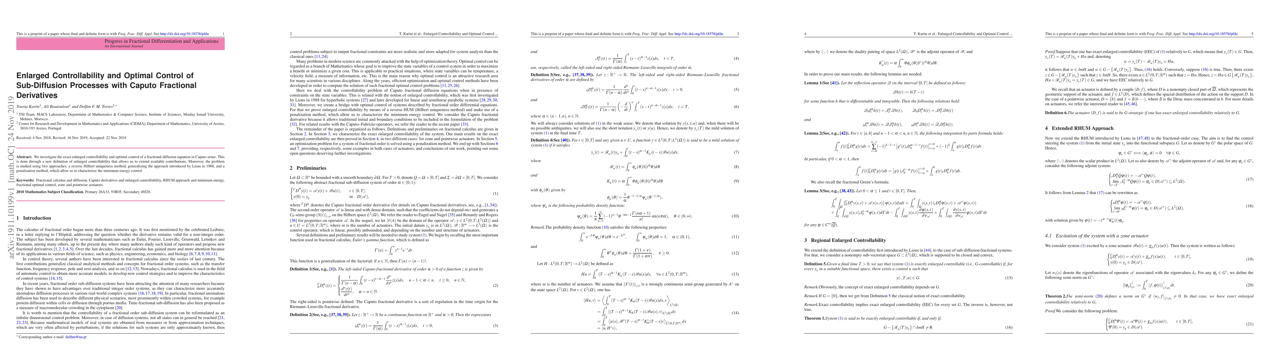 Thumbnail for Enlarged Controllability and Optimal Control of Sub-Diffusion Processes
  with Caputo Fractional Derivatives