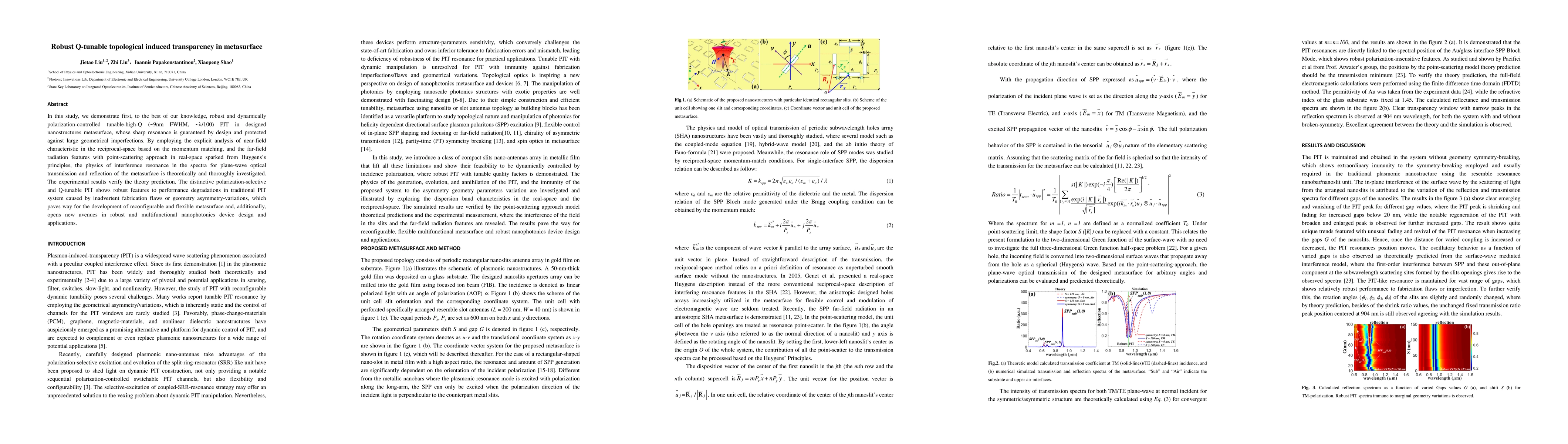 Thumbnail for Robust Q-tunable topological induced transparency in metasurface