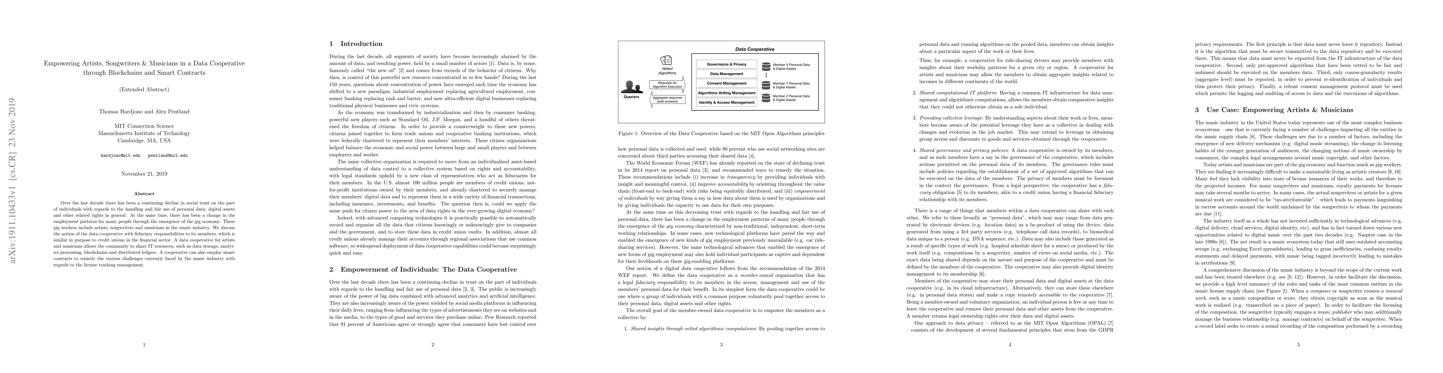 Thumbnail for Empowering Artists, Songwriters & Musicians in a Data Cooperative
  through Blockchains and Smart Contracts