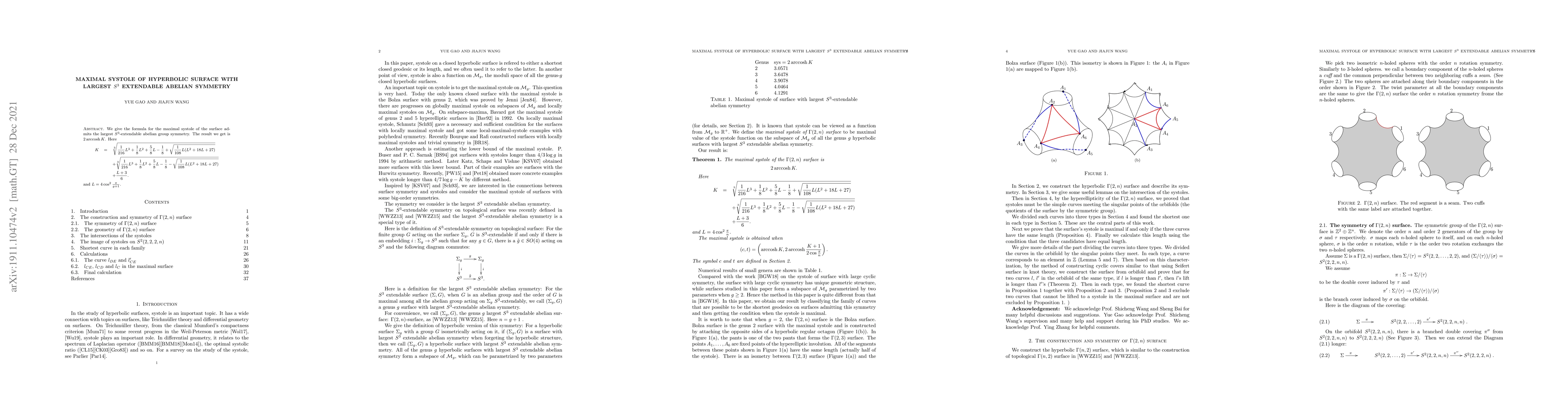 Thumbnail for Maximal systole of hyperbolic surface with largest $S^3$ extendable
  abelian symmetry