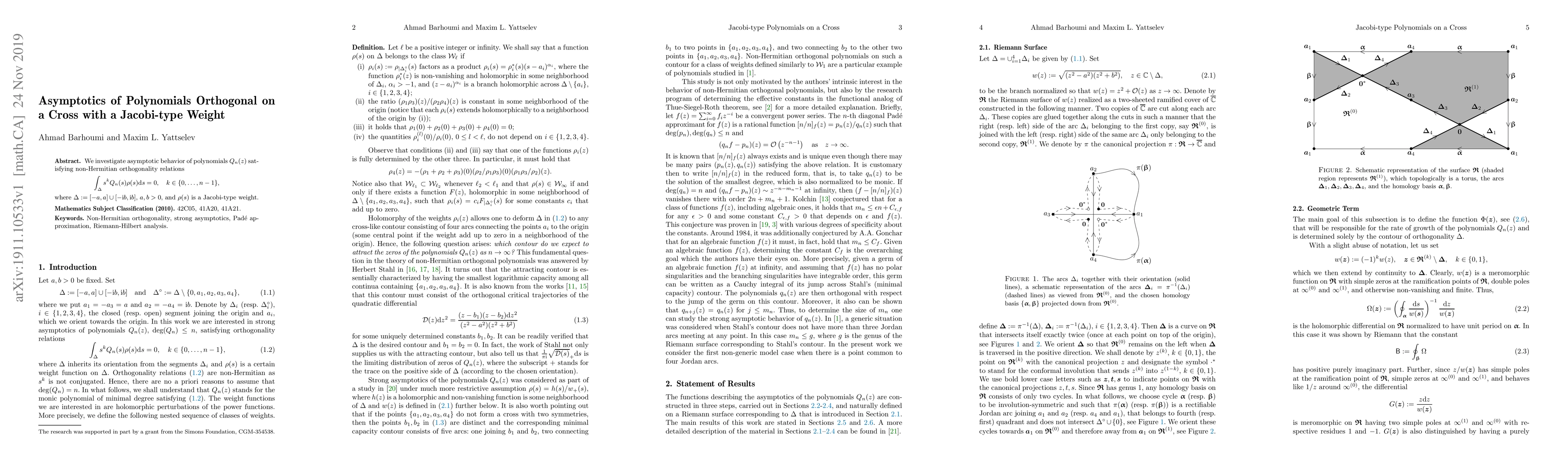 Thumbnail for Asymptotics of Polynomials Orthogonal on a Cross with a Jacobi-type
  Weight
