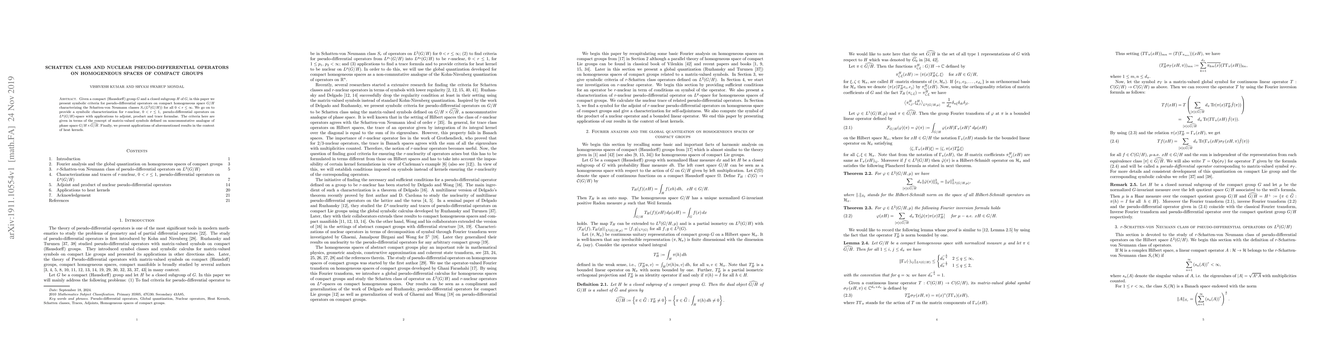 Thumbnail for Schatten Class and nuclear pseudo-differential operators on homogeneous
  spaces of compact groups
