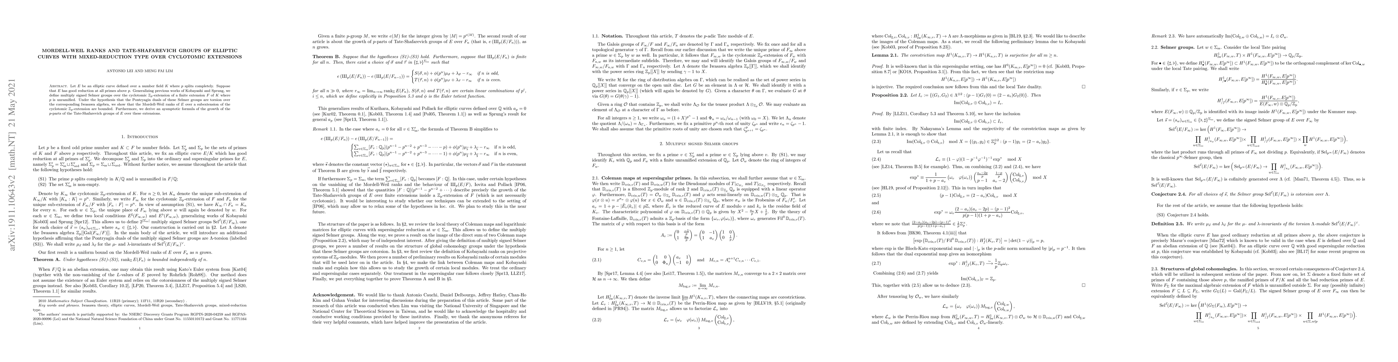 Thumbnail for Mordell-Weil ranks and Tate-Shafarevich groups of elliptic curves with
  mixed-reduction type over cyclotomic extensions