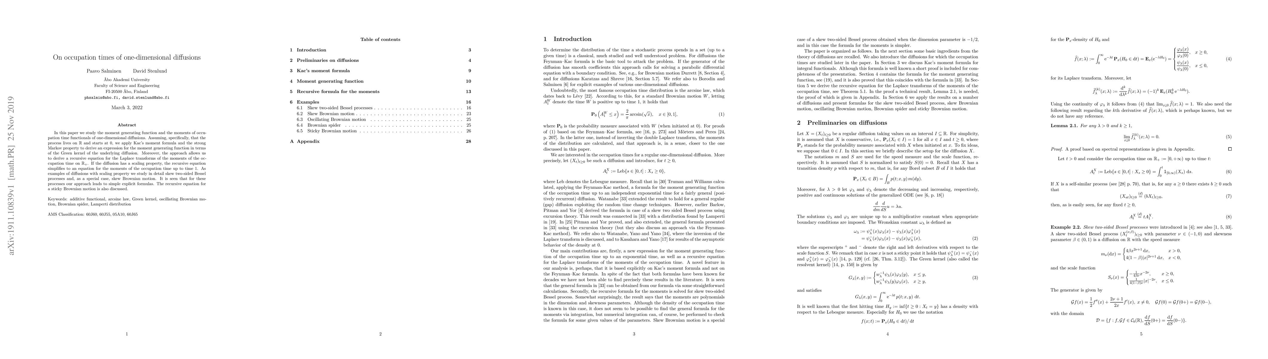 Thumbnail for On occupation times of one-dimensional diffusions