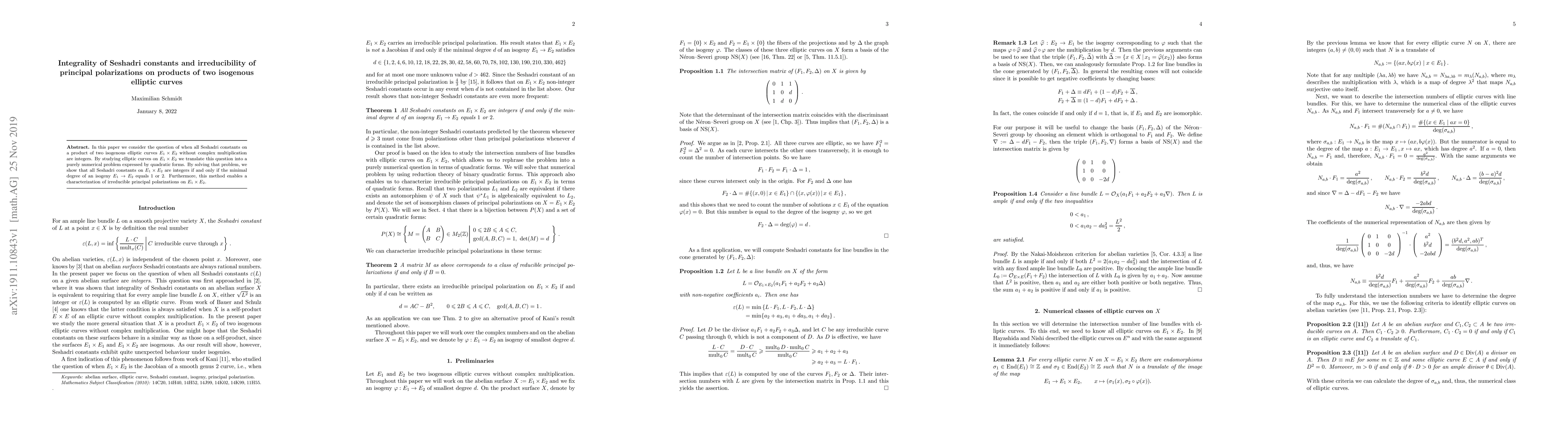 Thumbnail for Integrality of Seshadri constants and irreducibility of principal
  polarizations on products of two isogenous elliptic curves