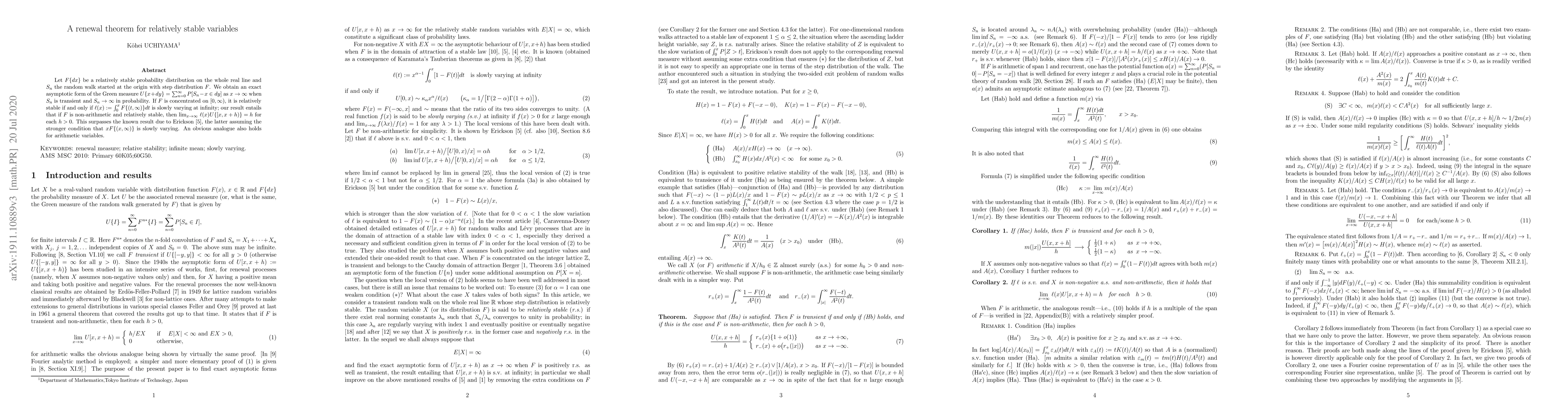 Thumbnail for A renewal theorem for relatively stable variables