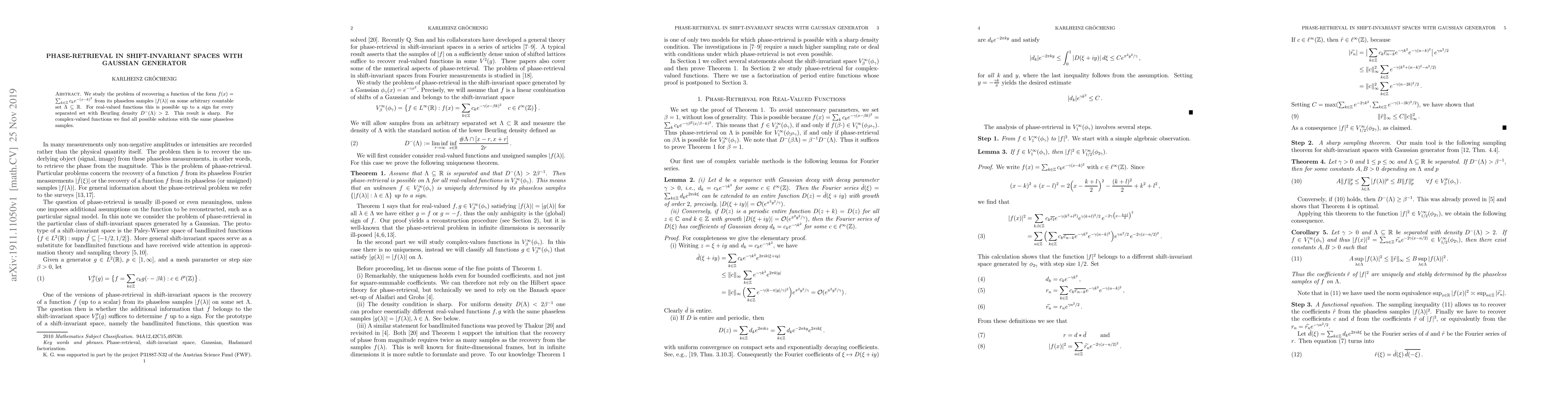 Thumbnail for Phase-Retrieval in Shift-Invariant Spaces with Gaussian Generator