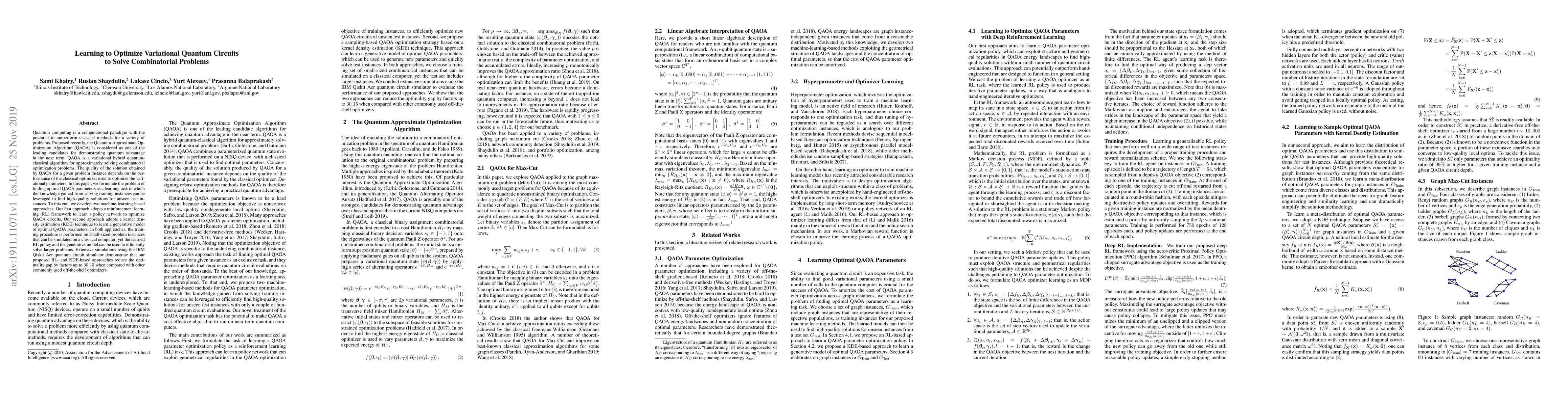 Thumbnail for Learning to Optimize Variational Quantum Circuits to Solve Combinatorial
  Problems