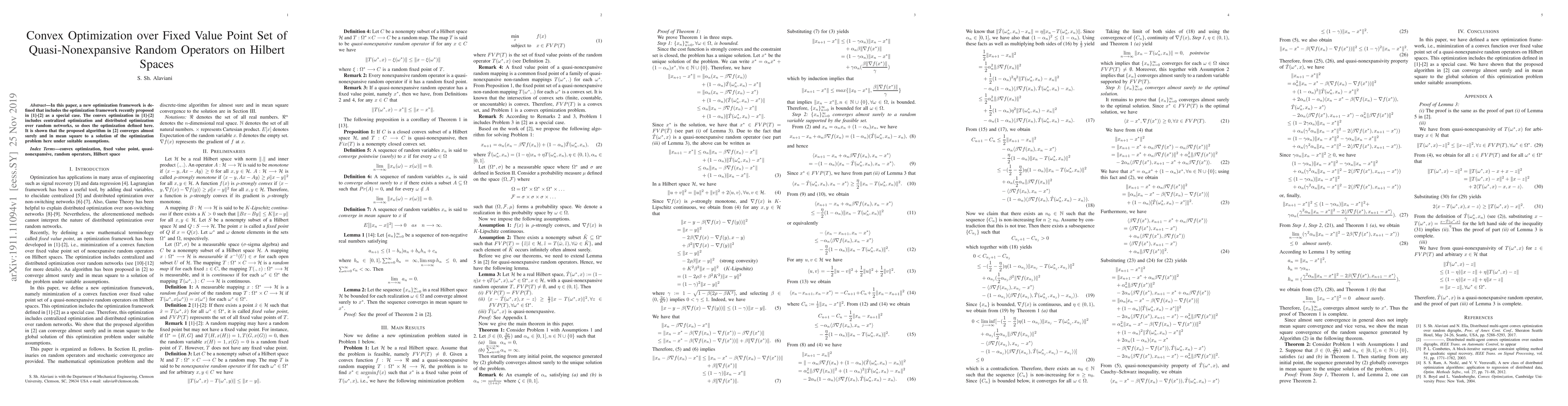 Thumbnail for Convex Optimization over Fixed Value Point Set of Quasi-Nonexpansive
  Random Operators on Hilbert Spaces
