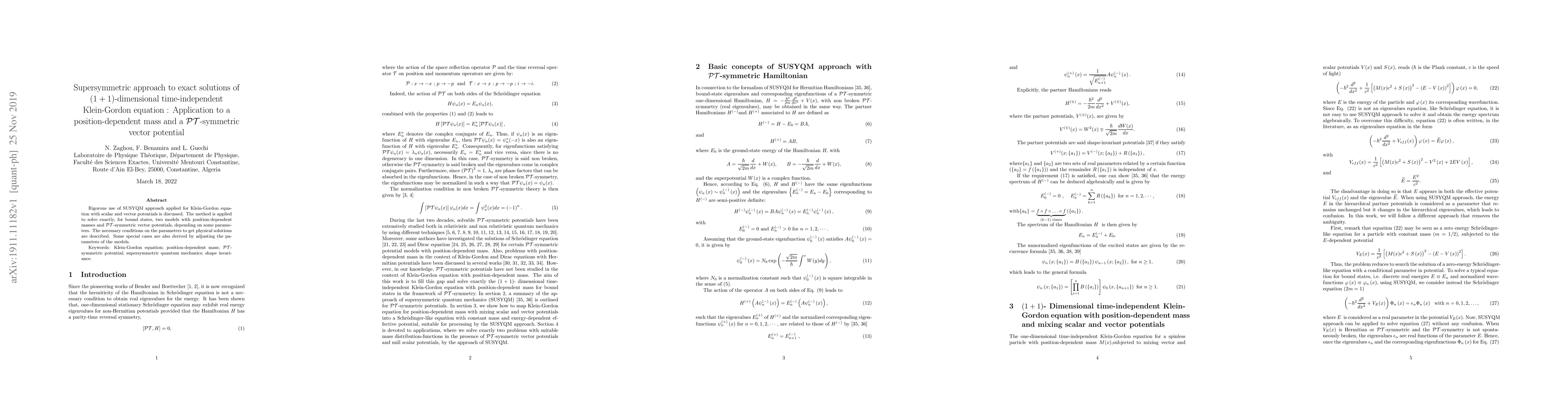 Thumbnail for Supersymmetric approach to exact solutions of $(1+1)$-dimensional
  time-independent Klein-Gordon equation : Application to a position-dependent
  mass and a $\mathcal{PT}$-symmetric vector potential