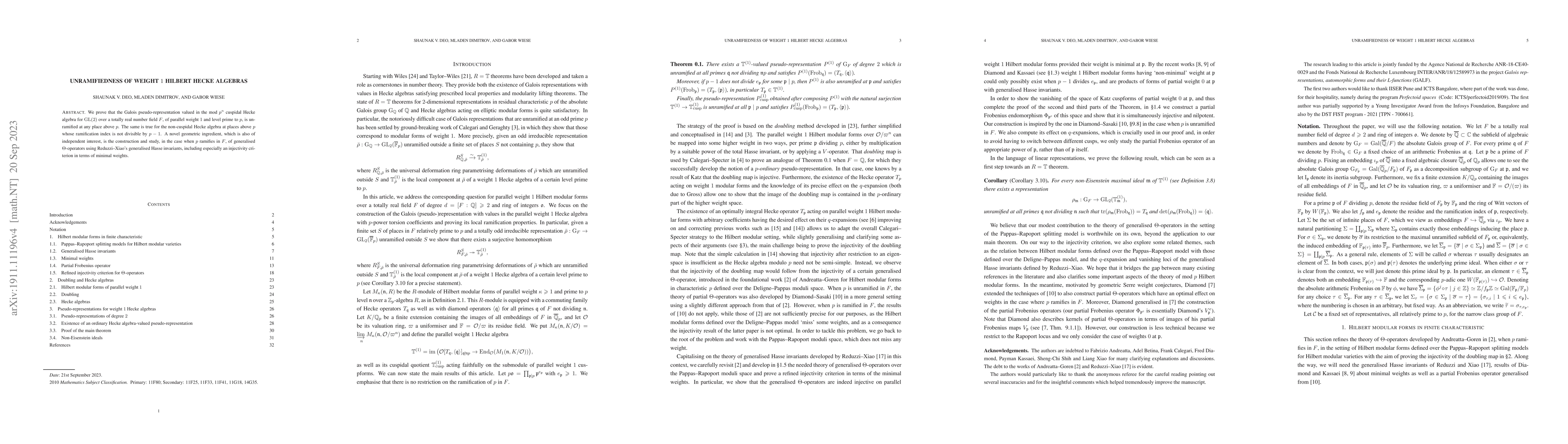 Thumbnail for Unramifiedness of weight one Hilbert Hecke algebras