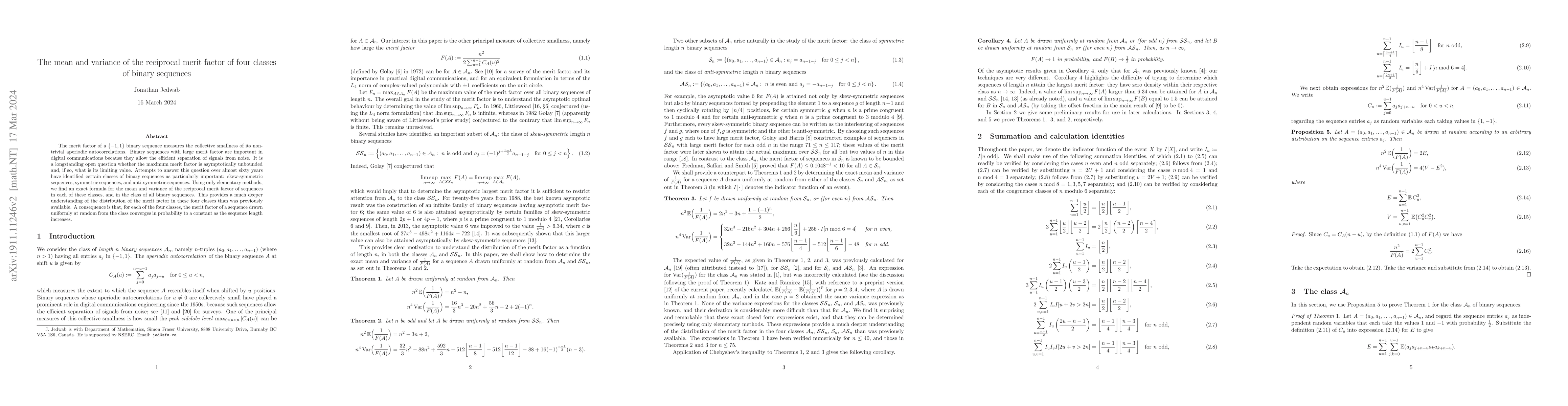 Thumbnail for The mean and variance of the reciprocal merit factor of four classes of
  binary sequences