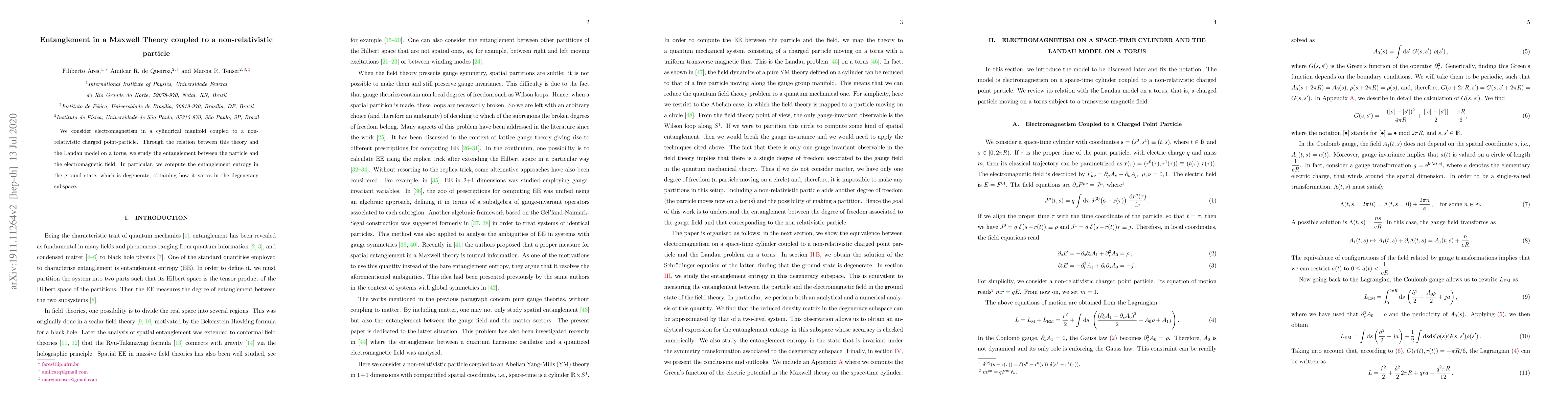 Thumbnail for Entanglement in a Maxwell Theory coupled to a non-relativistic particle