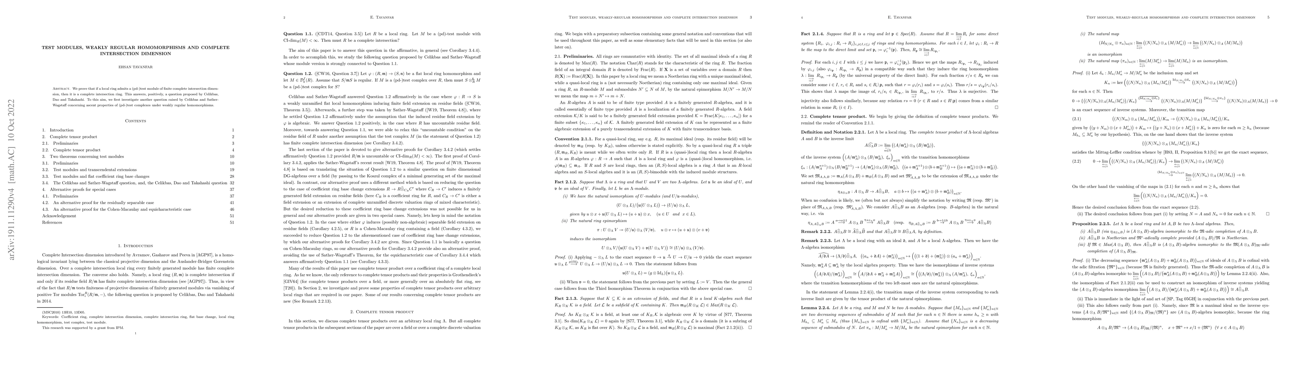 Thumbnail for Test modules, weakly regular homomorphisms and complete intersection
  dimension