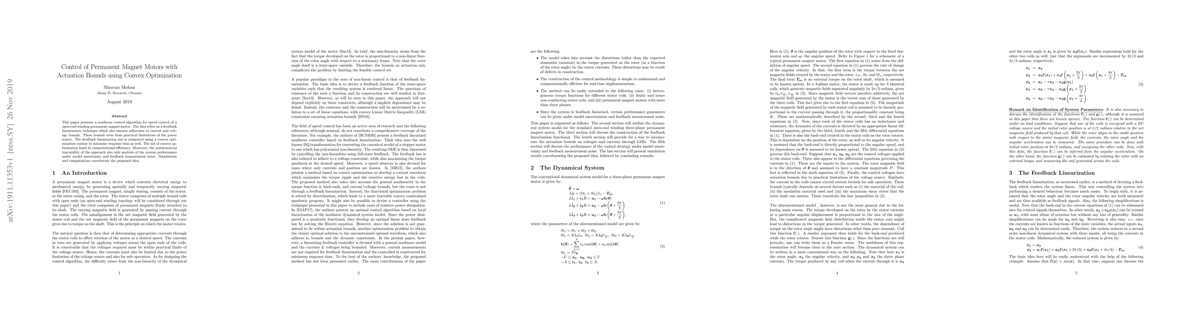 Thumbnail for Control of Permanent Magnet Motors with Actuation Bounds using Convex
  Optimization