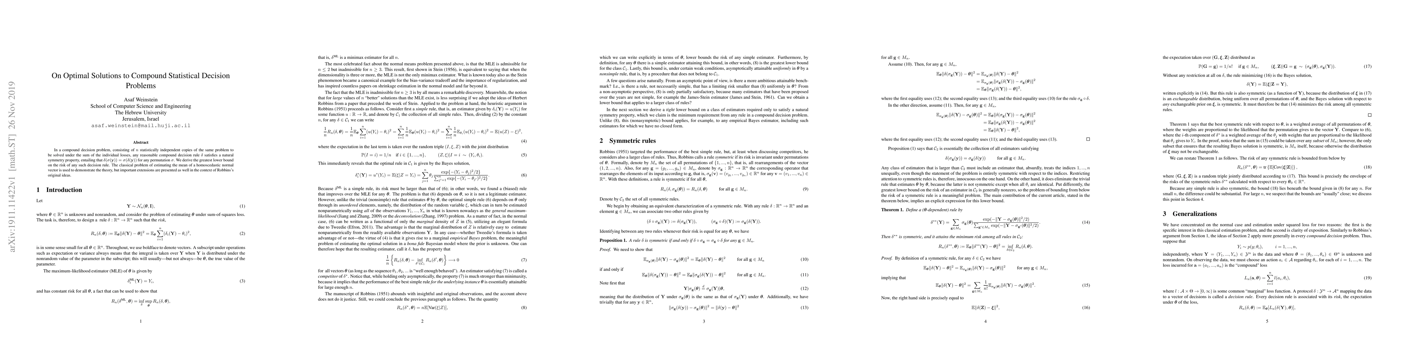 Thumbnail for On Optimal Solutions to Compound Statistical Decision Problems