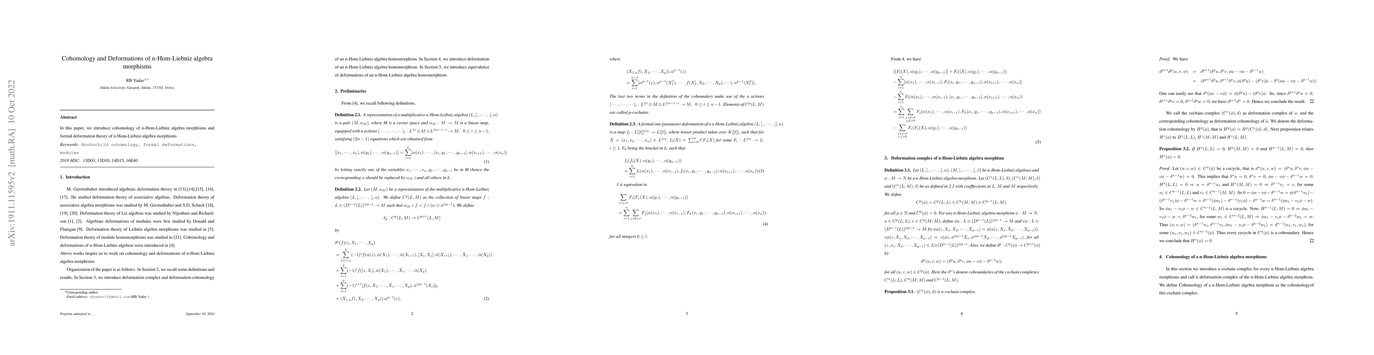 Thumbnail for Cohomology and Deformations of n-Hom-Liebniz algebra morphisms
