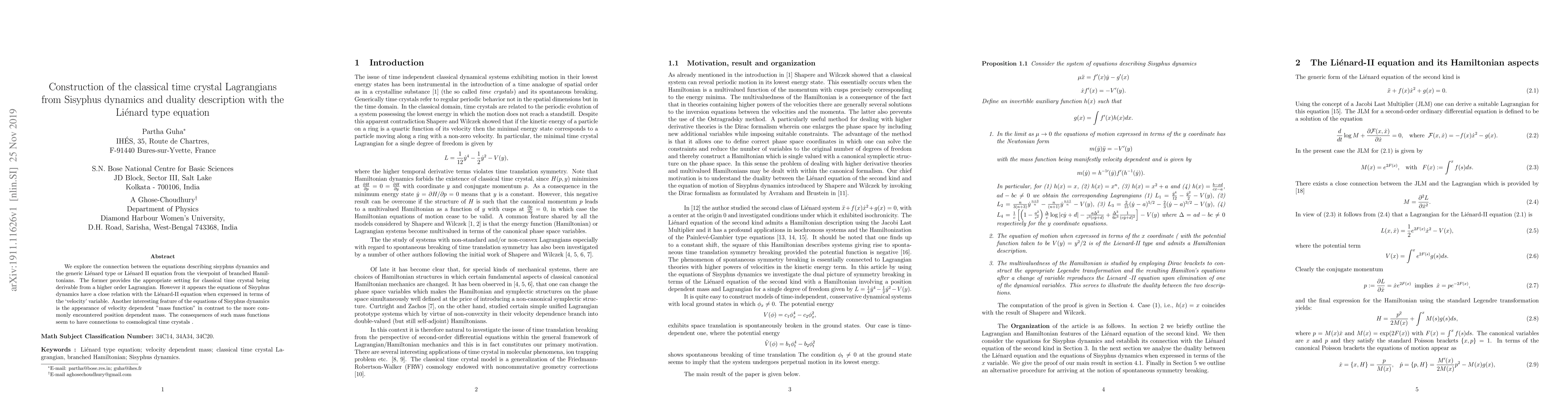 Thumbnail for Construction of the classical time crystal Lagrangians from Sisyphus
  dynamics and duality description with the Li\'enard type equation