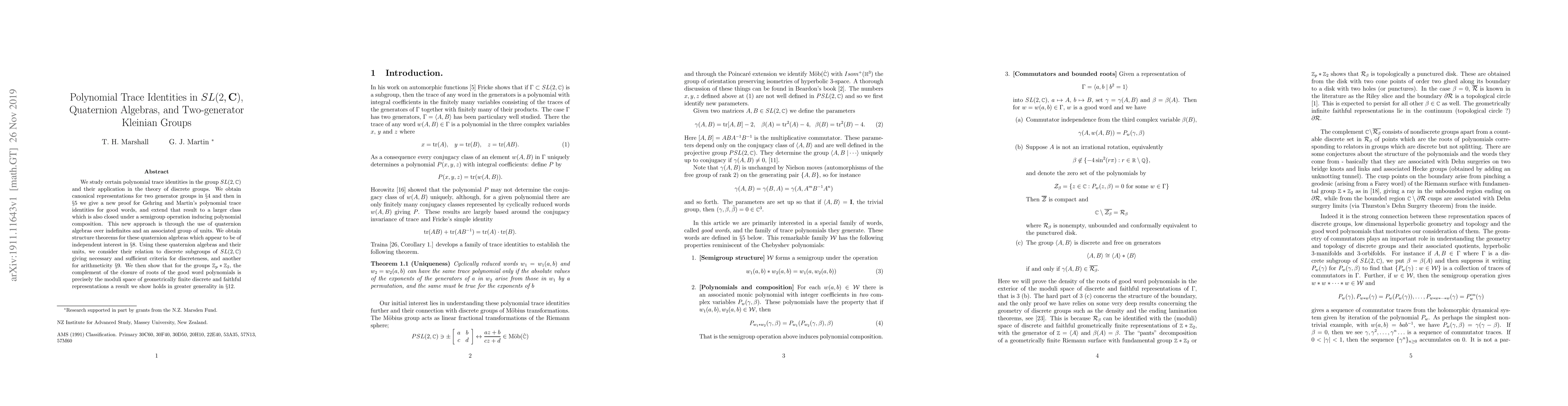 Thumbnail for Polynomial Trace Identities in $SL(2,{\bf C})$, Quaternion Algebras, and
  Two-generator Kleinian Groups