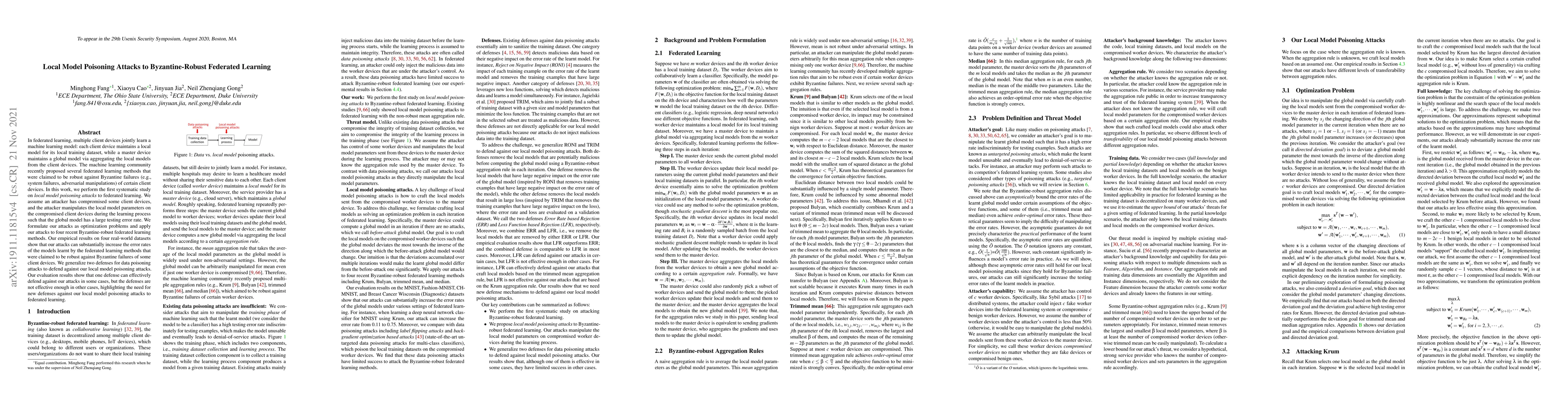 Thumbnail for Local Model Poisoning Attacks to Byzantine-Robust Federated Learning