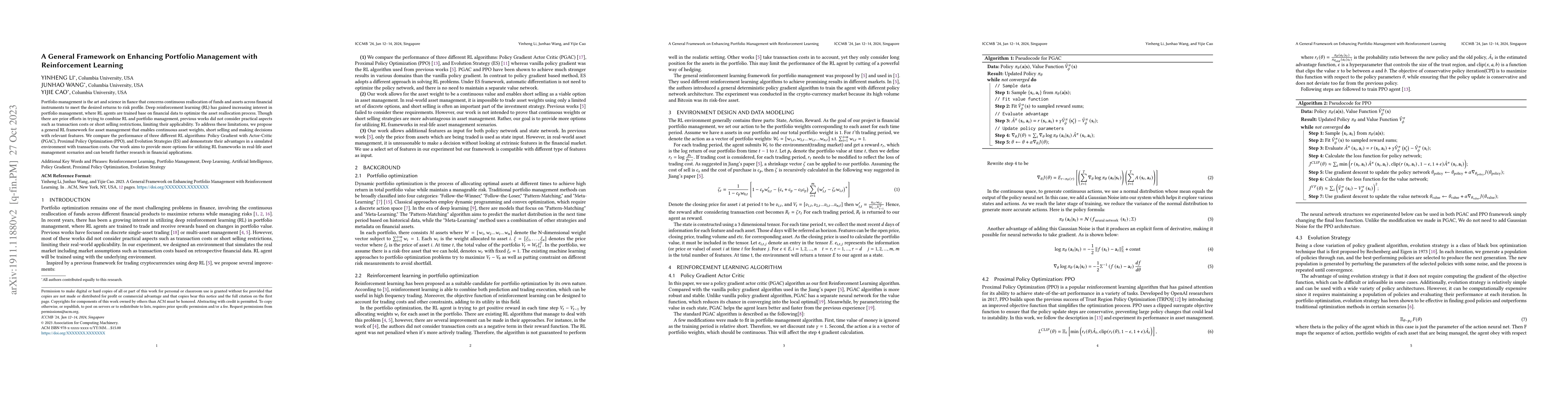 Thumbnail for A General Framework on Enhancing Portfolio Management with Reinforcement
  Learning