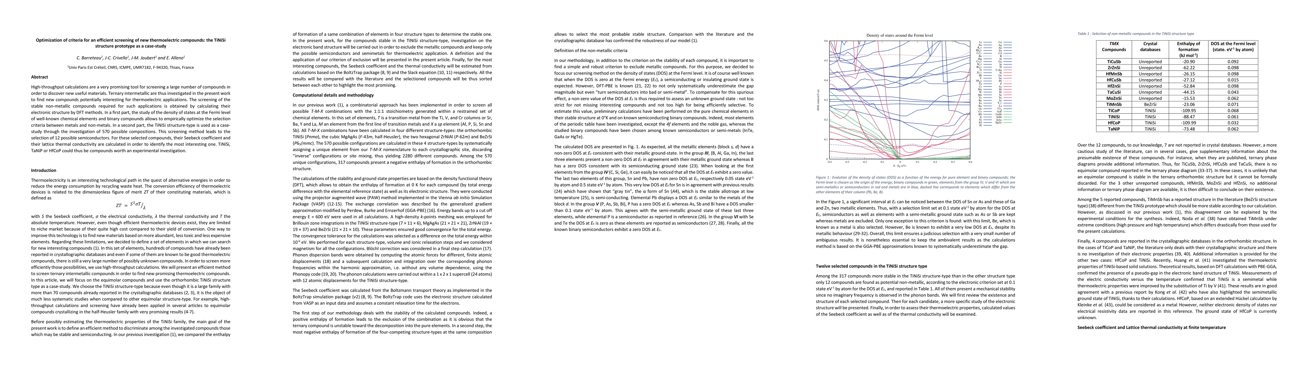 Thumbnail for Optimization of criteria for an efficient screening of new
  thermoelectric compounds: the TiNiSi structure type as a case-study