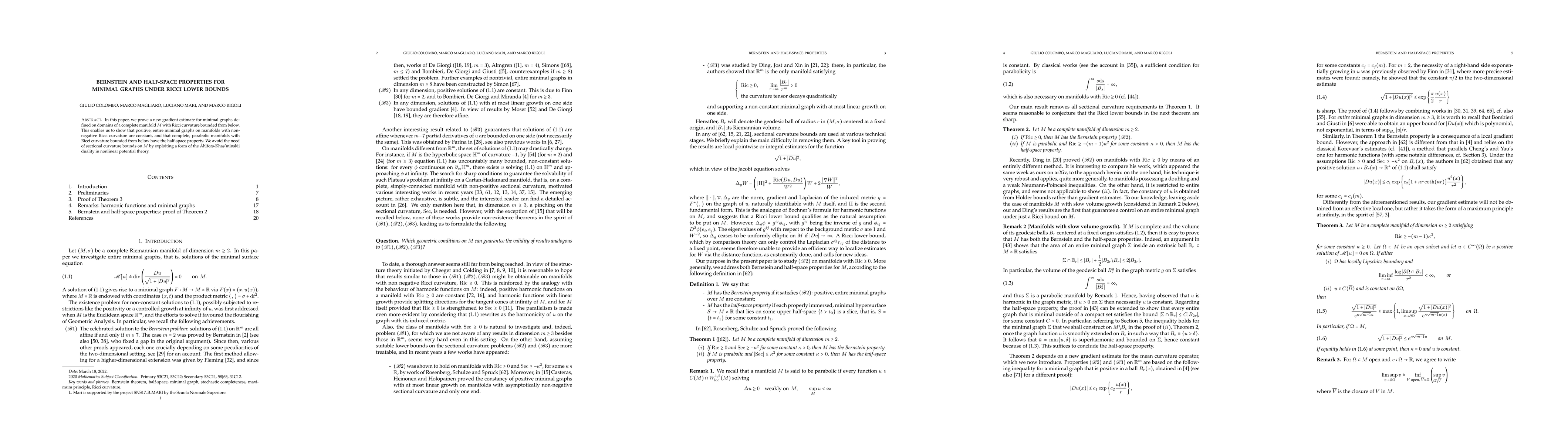 Thumbnail for Bernstein and half-space properties for minimal graphs under Ricci lower
  bounds