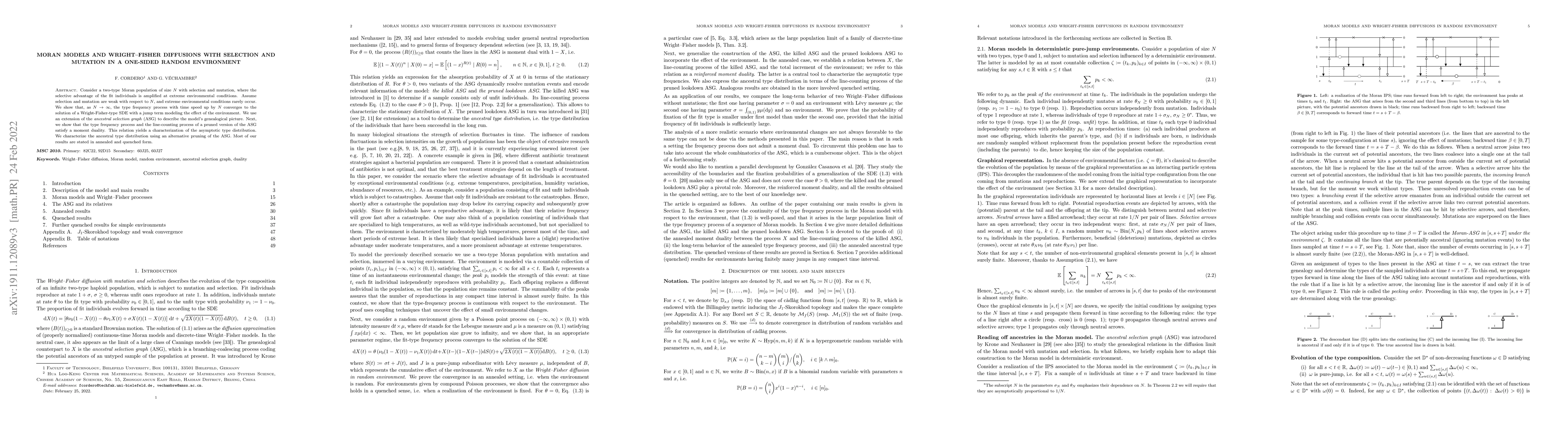 Thumbnail for Moran models and Wright--Fisher diffusions with selection and mutation
  in a one-sided random environment