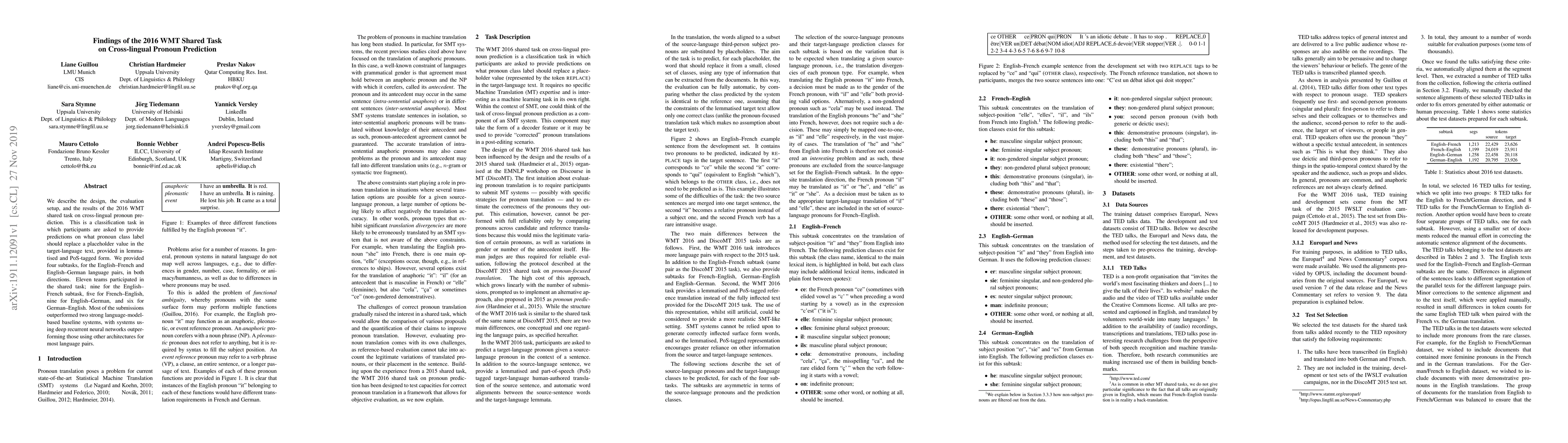 Thumbnail for Findings of the 2016 WMT Shared Task on Cross-lingual Pronoun Prediction