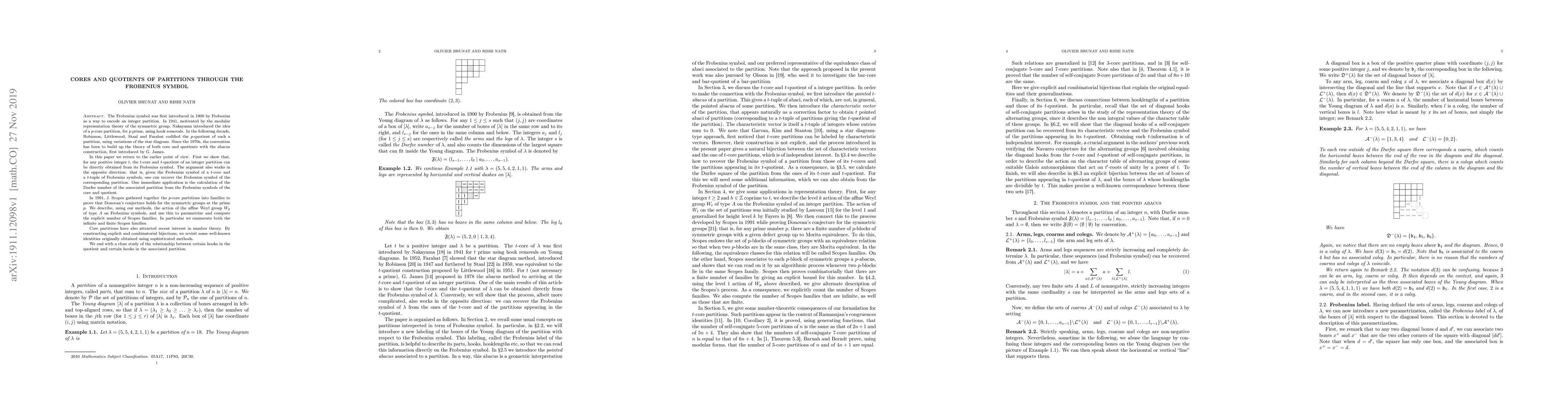 Thumbnail for Cores and quotients of partitions through the Frobenius symbol