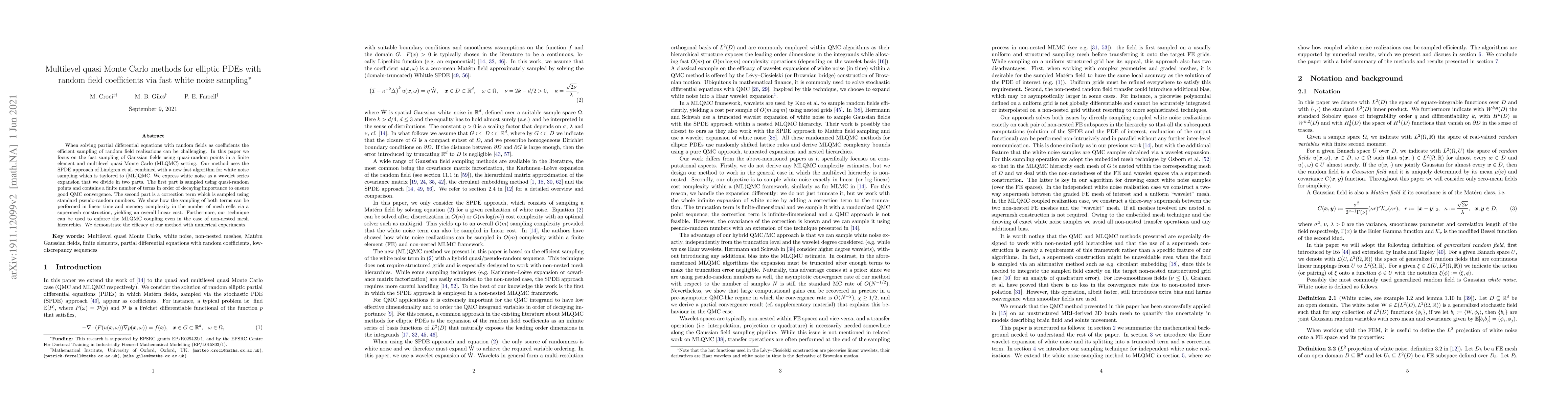 Thumbnail for Multilevel quasi Monte Carlo methods for elliptic PDEs with random field
  coefficients via fast white noise sampling