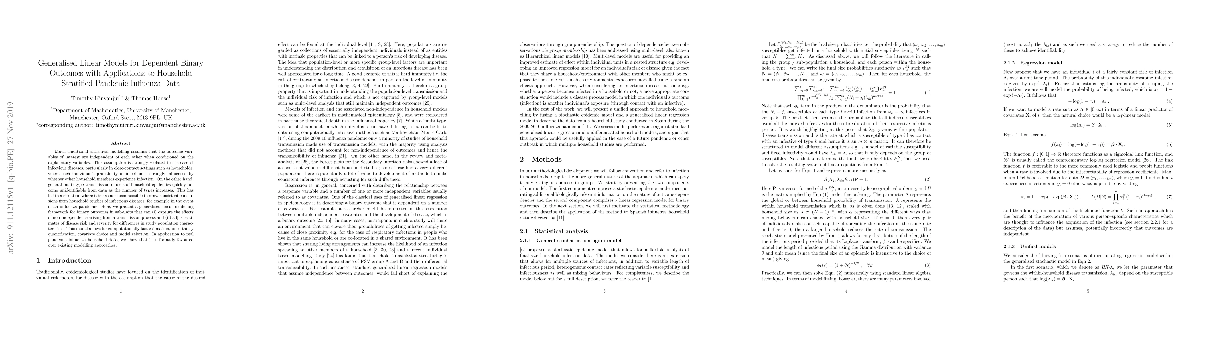 Thumbnail for Generalised Linear Models for Dependent Binary Outcomes with
  Applications to Household Stratified Pandemic Influenza Data