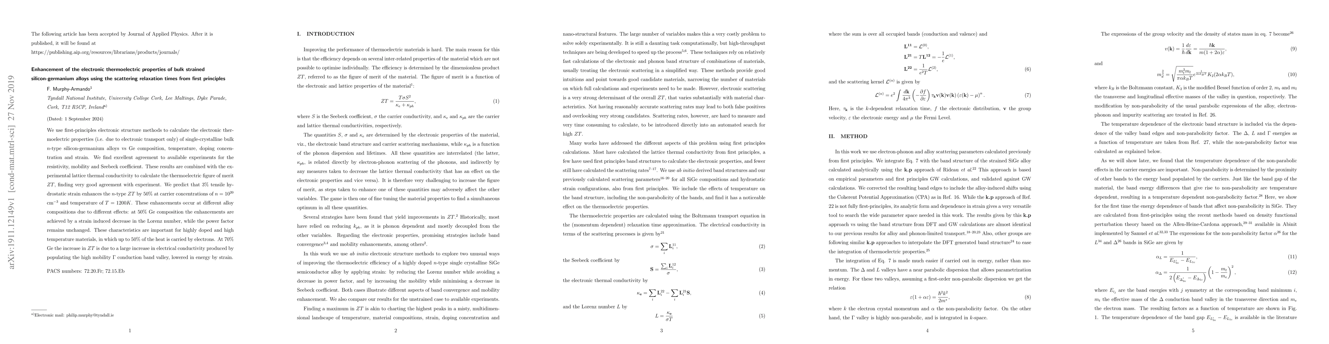 Thumbnail for Enhancement of the electronic thermoelectric properties of bulk strained
  silicon-germanium alloys using the scattering relaxation times from first
  principles