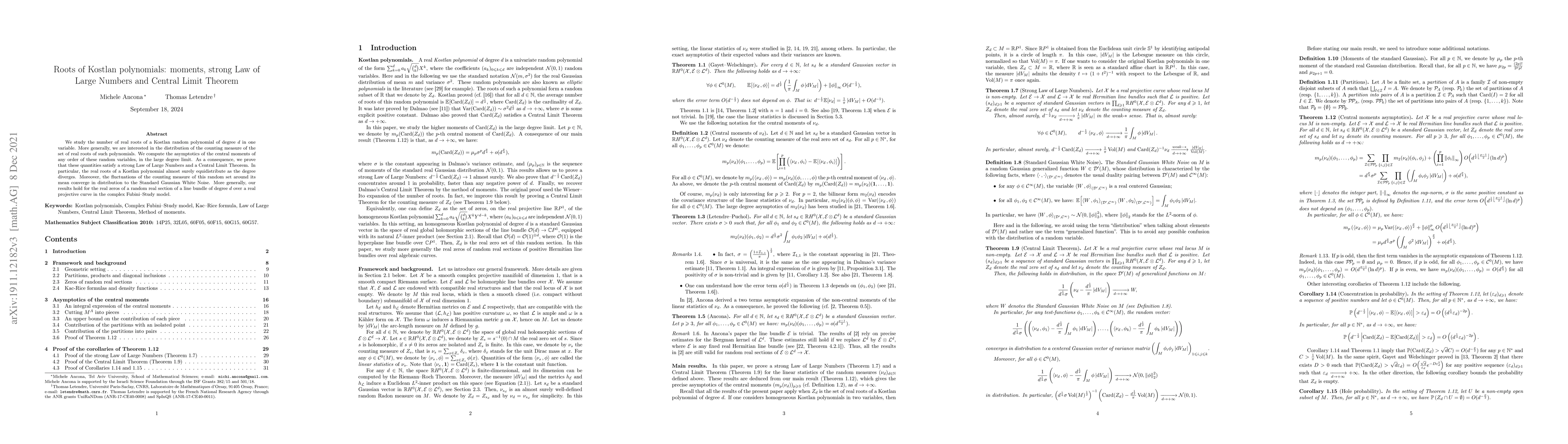 Thumbnail for Roots of Kostlan polynomials: moments, strong Law of Large Numbers and
  Central Limit Theorem