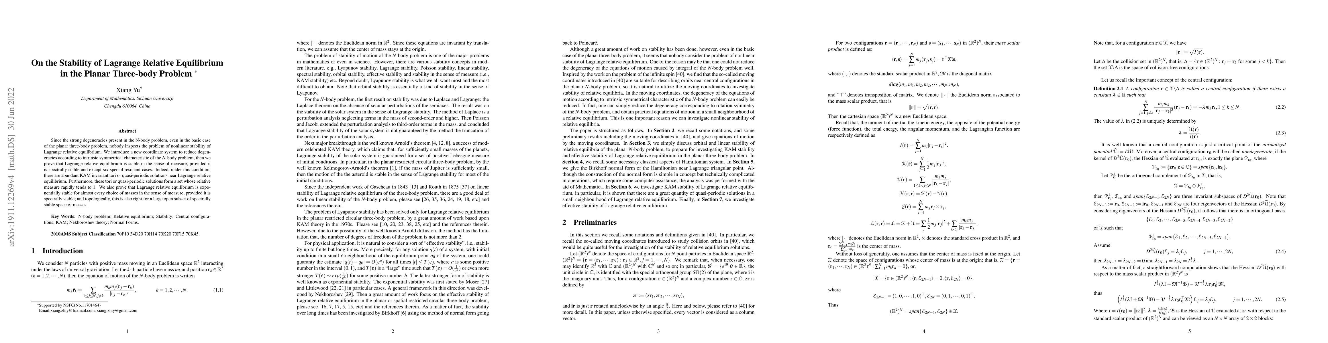Thumbnail for On the Stability of Lagrange Relative Equilibrium in The Planar
  Three-body Problem
