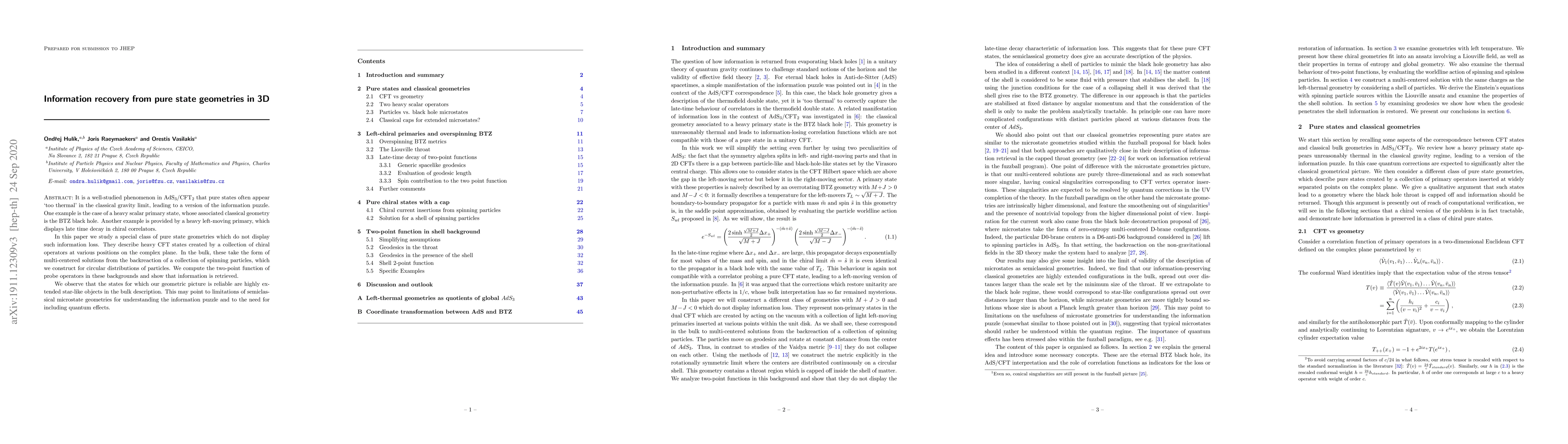 Thumbnail for Information recovery from pure state geometries in 3D