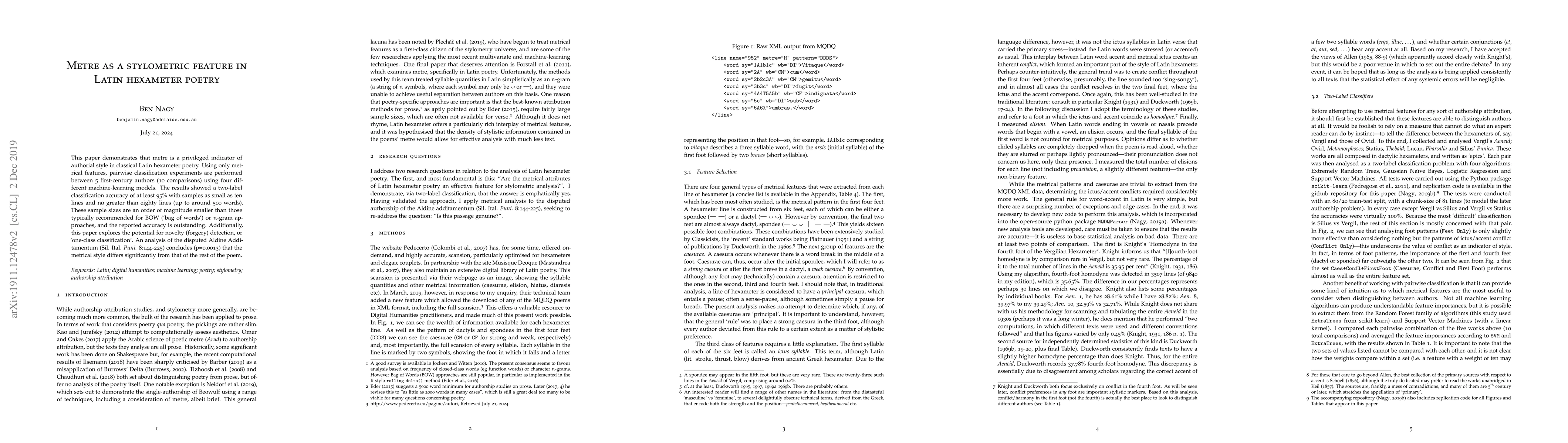 Thumbnail for Metre as a stylometric feature in Latin hexameter poetry