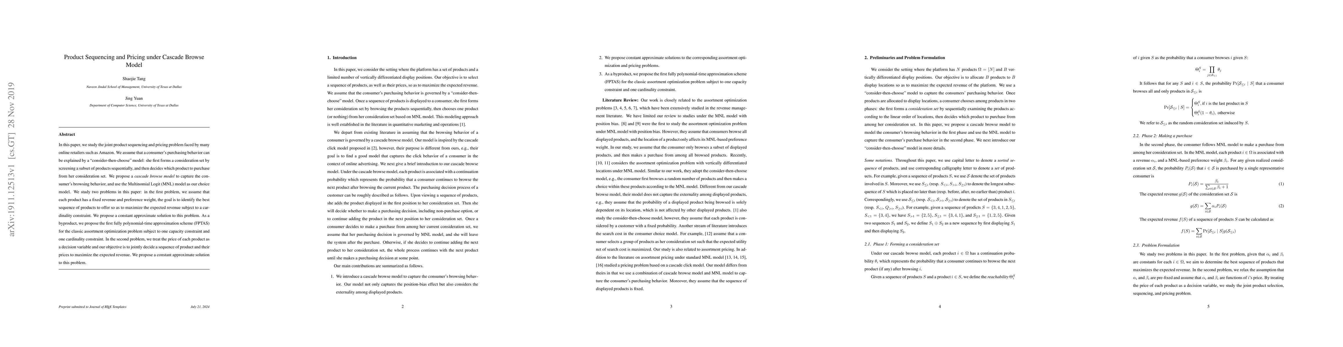 Thumbnail for Product Sequencing and Pricing under Cascade Browse Model