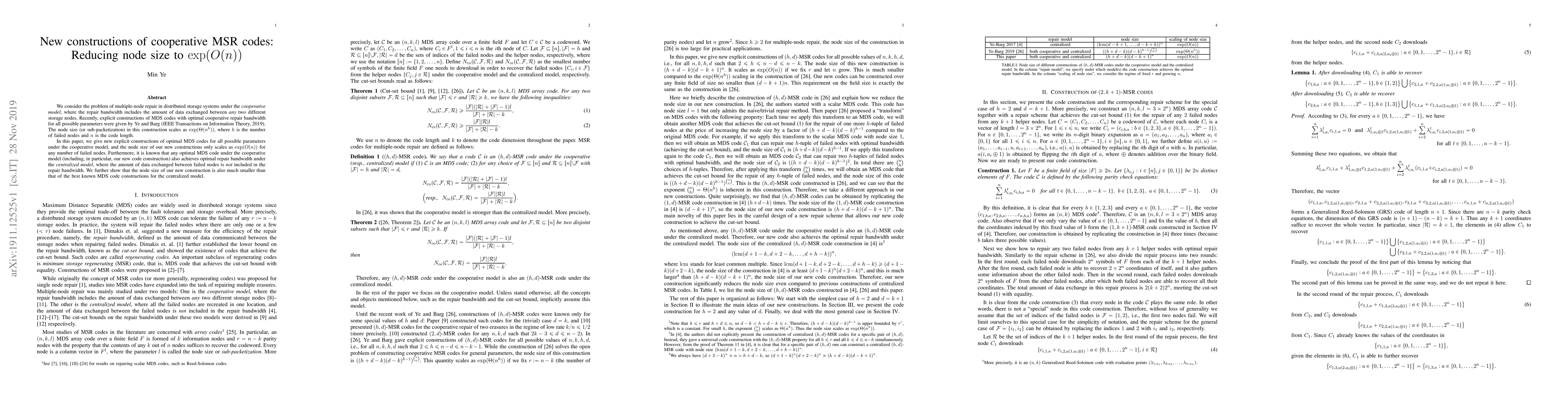 Thumbnail for New constructions of cooperative MSR codes: Reducing node size to
  $\exp(O(n))$