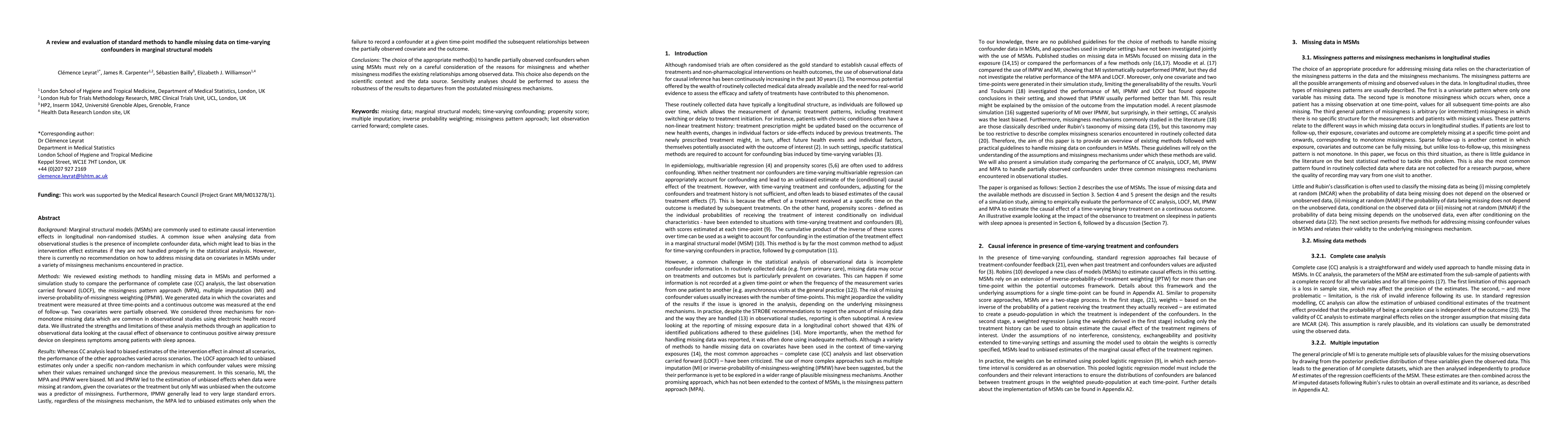 Thumbnail for A review and evaluation of standard methods to handle missing data on
  time-varying confounders in marginal structural models