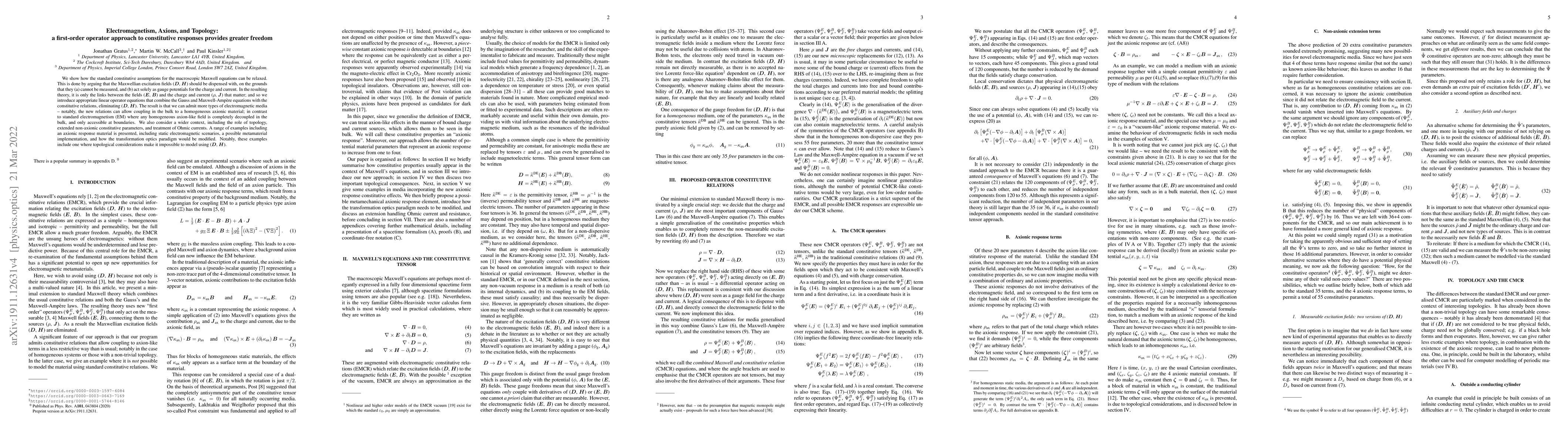 Thumbnail for Electromagnetism, Axions, and Topology: a first-order operator approach
  to constitutive responses provides greater freedom