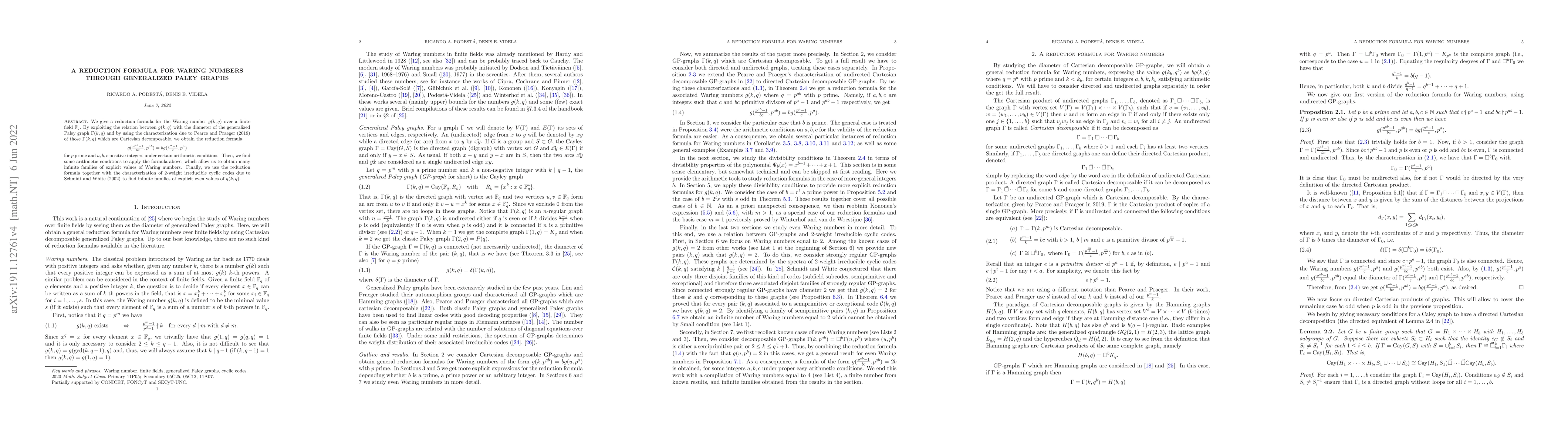 Thumbnail for A reduction formula for Waring numbers through generalized Paley graphs